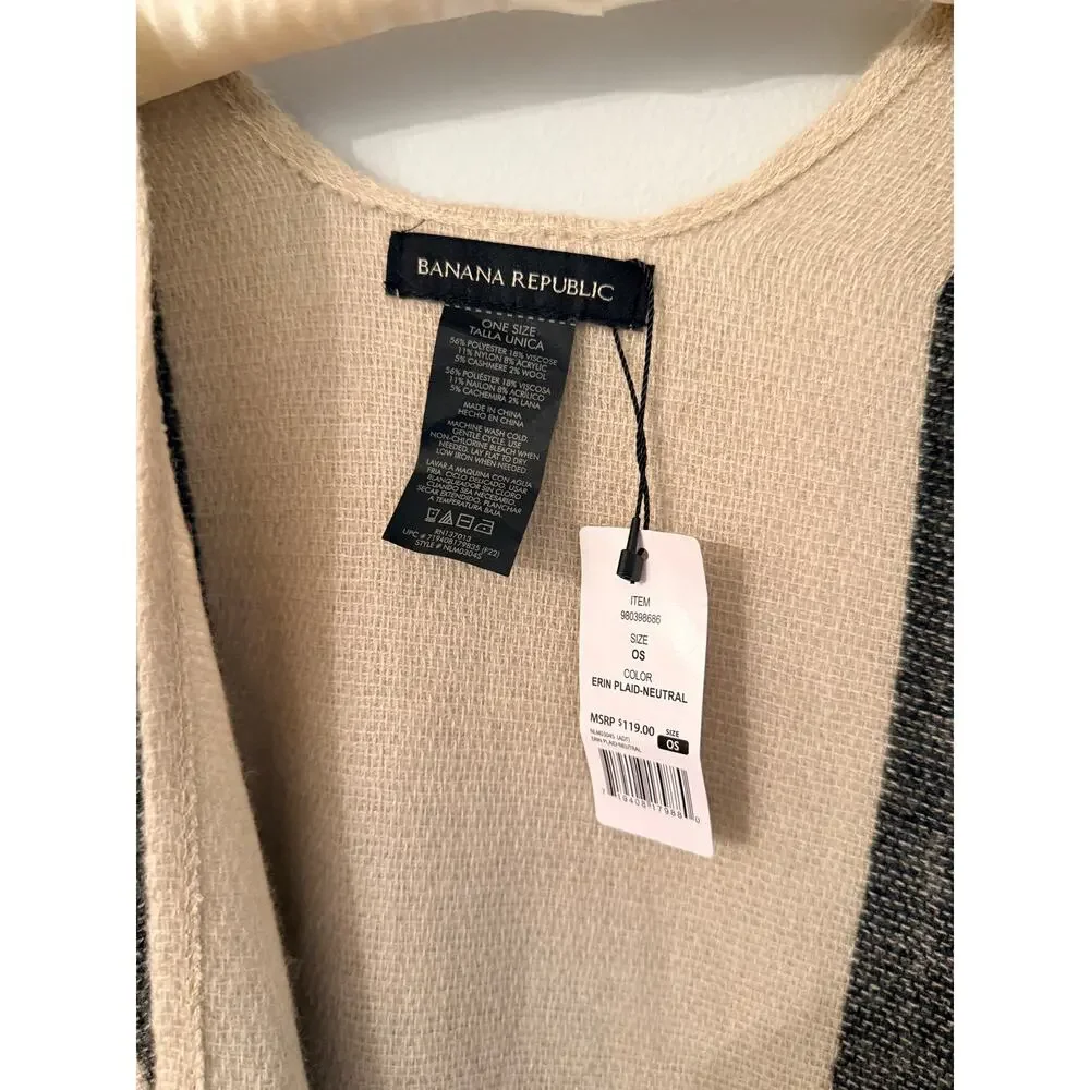 Banana Republic Erin Plaid Fringe Ruana Poncho Cashmere Blend OS NWT